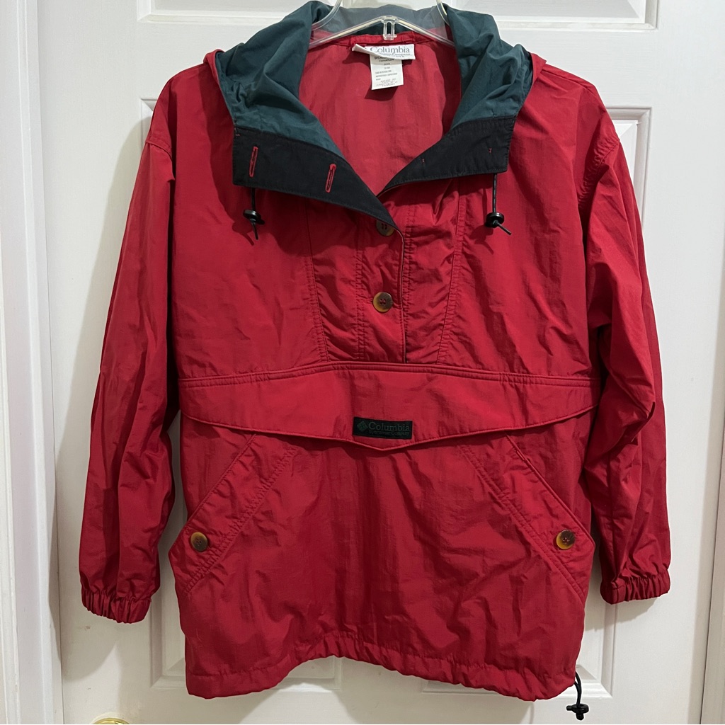 Women Columbia Anorak Windbreaker Size Small Red Half Button Up Hooded Nylon